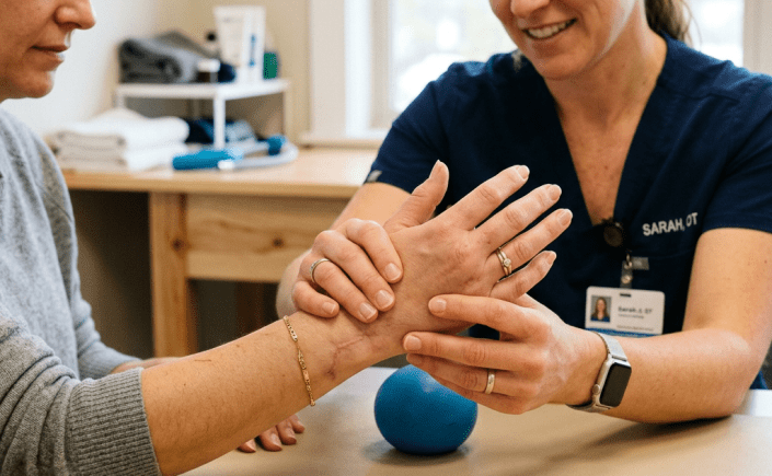 Occupational therapist assisting patient with hand therapy exercises