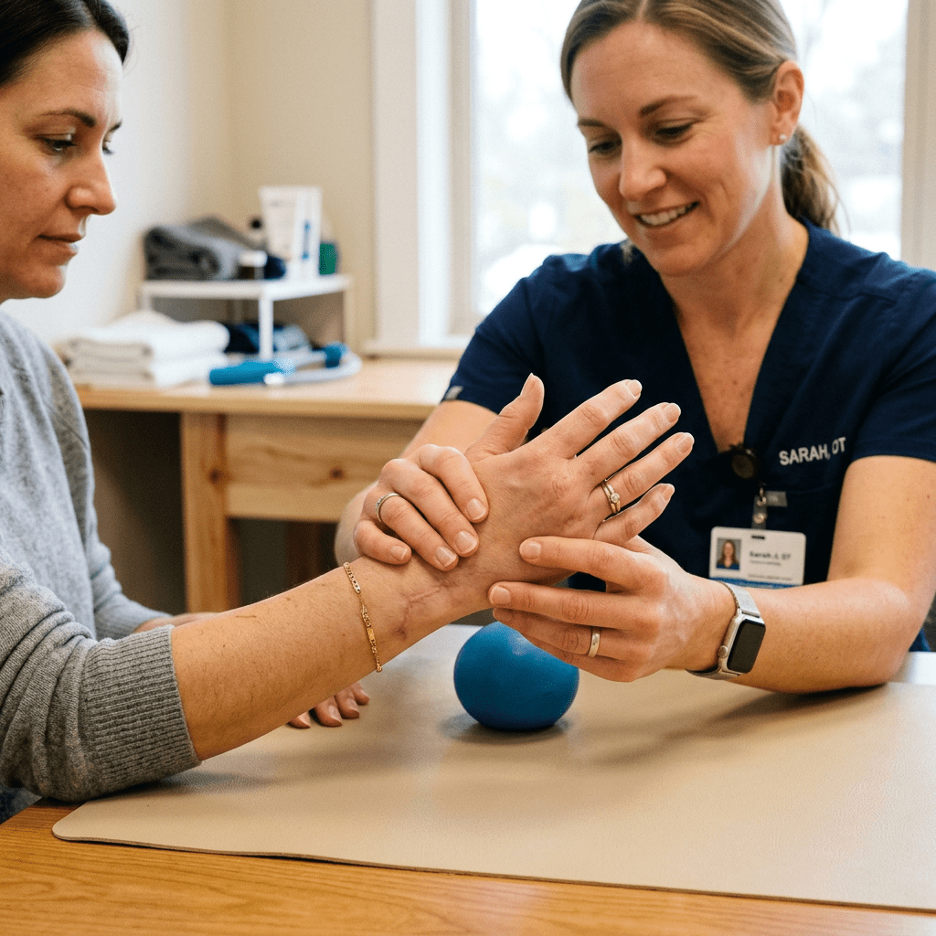 Occupational therapist assisting patient with hand therapy exercises