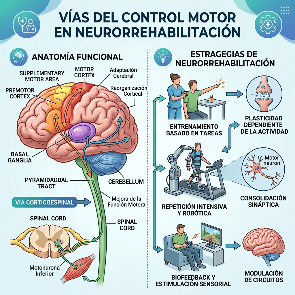 Infografía en español titulada "VÍAS DEL CONTROL MOTOR EN NEURORREHABILITACIÓN". A la izquierda, "ANATOMÍA FUNCIONAL" muestra el cerebro y las etiquetas "SUPPLEMENTARY MOTOR AREA", "MOTOR CORTEX", "Adaptación Cerebral", "Reorganización Cortical", "PREMOTOR CORTEX", "BASAL GANGLIA", "PYRAMIDAL TRACT", "CEREBELLUM", "VIA CORTICOSPINAL", "SPINAL CORD", "Motoneurona Inferior" y "Mejora de la Función Motora". A la derecha, "ESTRATEGIAS DE NEURORREHABILITACIÓN" incluye "ENTRENAMIENTO BASADO EN TAREAS", "REPETICIÓN INTENSIVA Y ROBÓTICA", "BIOFEEDBACK Y ESTIMULACIÓN SENSORIAL", "PLASTICIDAD DEPENDIENTE DE LA ACTIVIDAD", "CONSOLIDACIÓN SINÁPTICA" y "MODULACIÓN DE CIRCUITOS".