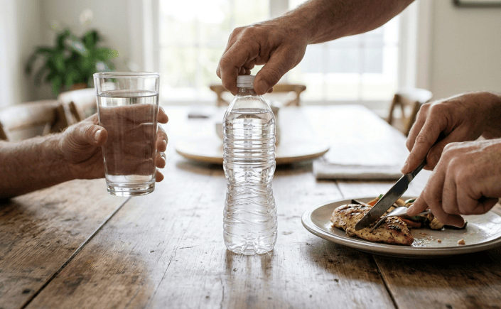 People sharing a meal while refilling a reusable bottle