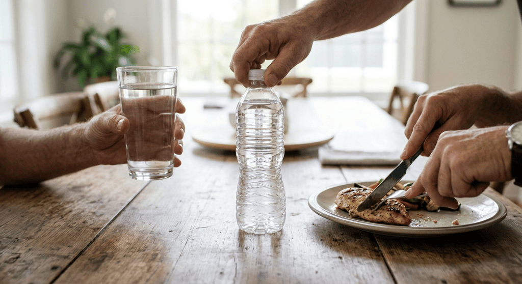 People sharing a meal while refilling a reusable bottle